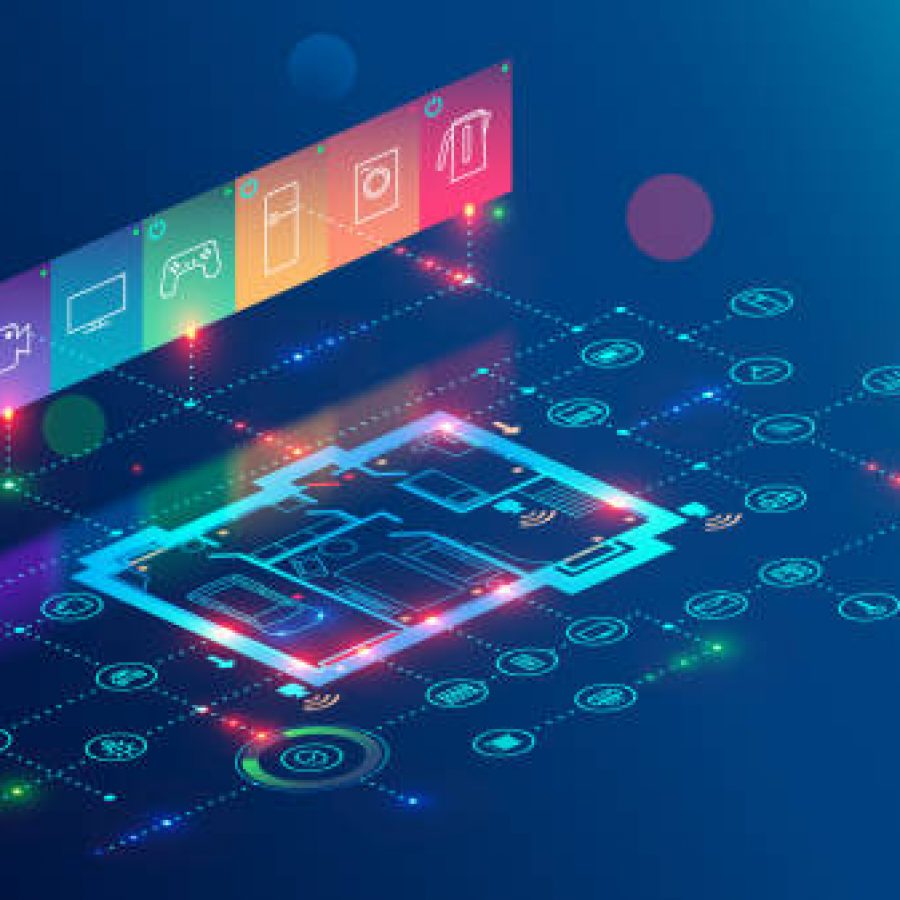 IOT isometric concept. mobile app of smart home controls Internet of things via phone. House automation system technology.