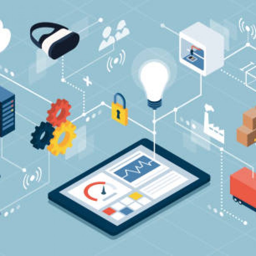 Industrial internet of things, innovative manufacturing and smart industry: human machine interface app on a digital tablet