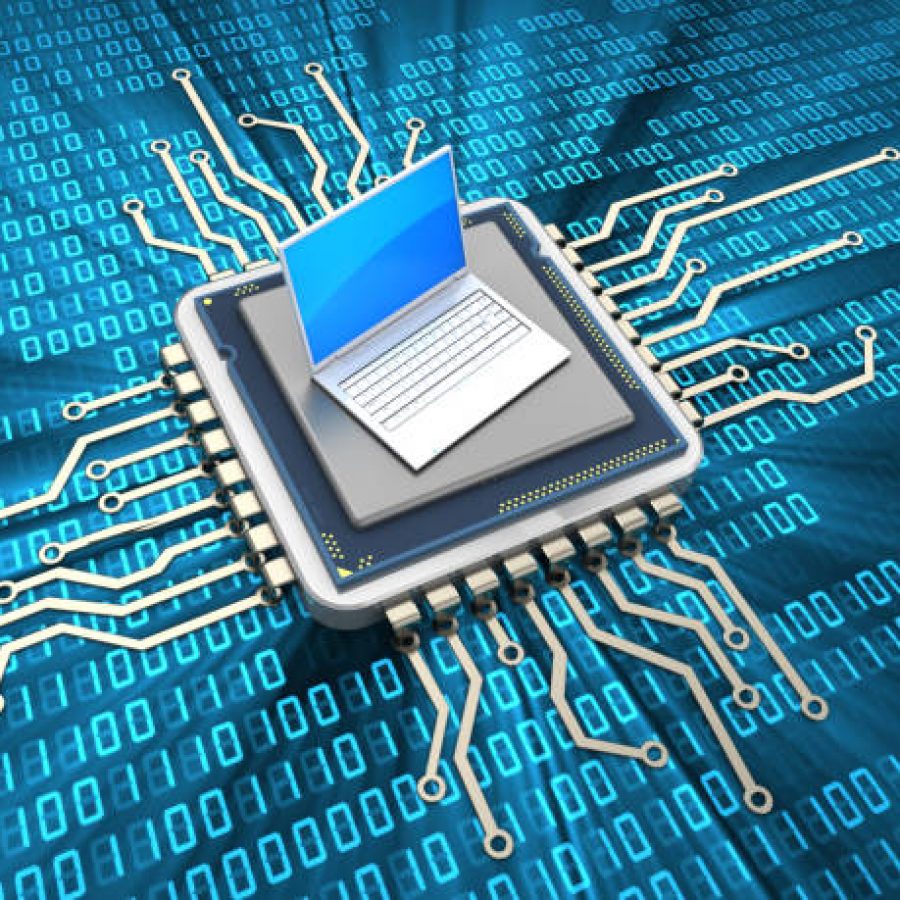 abstract 3d illustration of computer chip with laptop computer